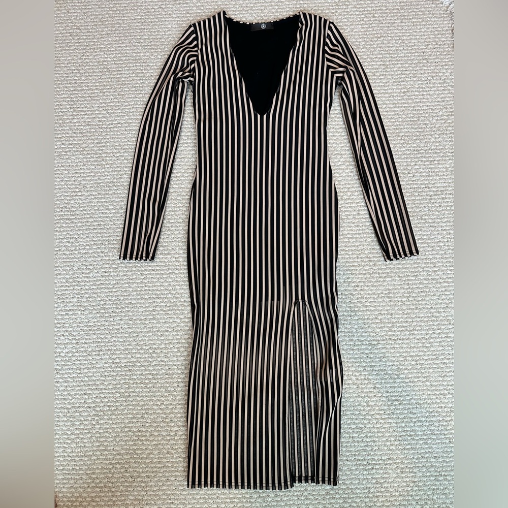 Missguided+ Black and Cream Striped Midi Dress, size 6